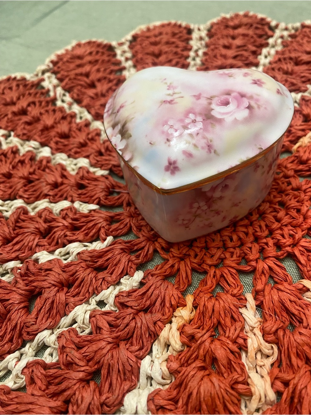 GANZ Rose Pink Floral Motif Heart-Shaped Porcelain Trinket Box